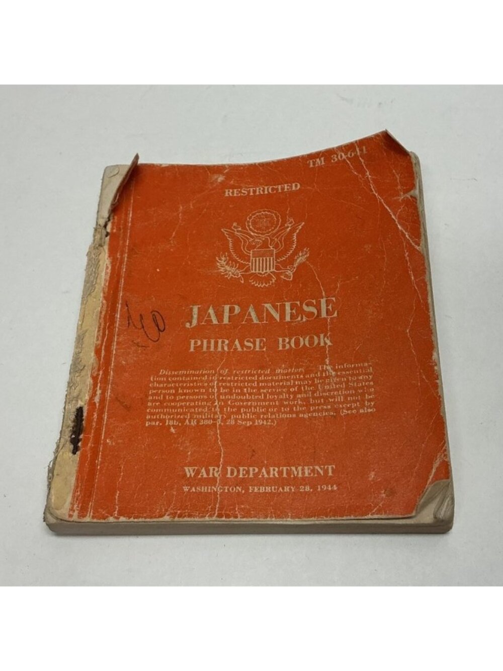 Vintage War Department Restricted Japanese Phrase Book WW2 TM 30-641
